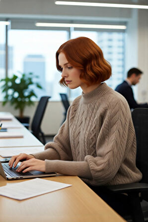 Kadın Regular Fit Yumuşak Dokulu Triko Kazak Balon Kol Dik Yaka Saç Örgü Kış Sezonu Şıklığı