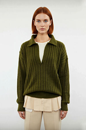 Modern Kadın Oversize Polo Yaka Triko Kazak Rahat Düşük Kol Fitilli Dokusuyla Kış Gardırobunuzun