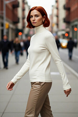 Kadınlara Özel Balıkçı Yaka Fitted Kalıp Düz Triko Kazak Standart Kol Kış ve Sonbahar Şıklığı