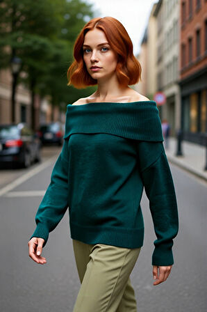 Kadın Triko Kışlık Kazak Regular Kalıp Uzun Kollu Carmen Yaka Günlük ve Şık Kombinler İçin