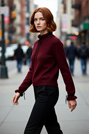 Kadın Casual Regular Kalıp Ajurlu Dik Yaka Bağcıklı Standart Kollu Triko Kazak Soğuk Havalar İçin