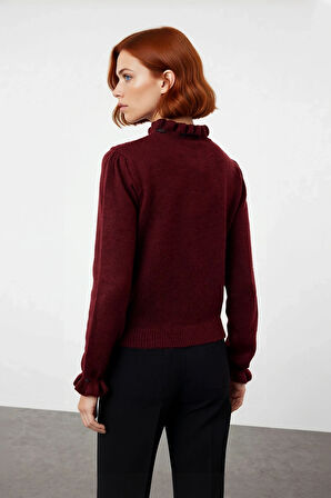 Kadın Casual Regular Kalıp Ajurlu Dik Yaka Bağcıklı Standart Kollu Triko Kazak Soğuk Havalar İçin