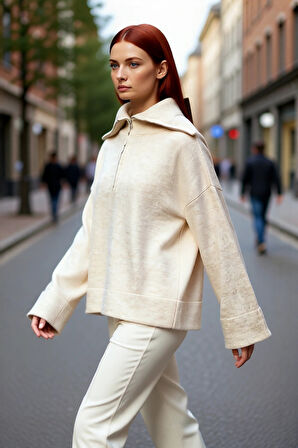 Kadın Oversize Fermuarlı Dik Yaka Triko Kazak Yumuşak Dokusuyla Günlük Konfor ve Şıklık Kaliteli