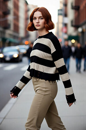 Kadın Modern Bisiklet Yaka Çizgili Akrilik Triko Crop Kazak Akıtma Detaylı Şık Kombinler Kaliteli