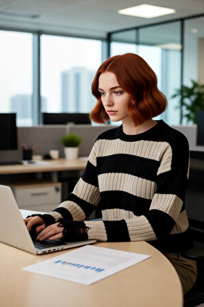 Kadın Modern Bisiklet Yaka Çizgili Akrilik Triko Crop Kazak Akıtma Detaylı Şık Kombinler Kaliteli