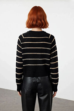 Kadın Oversize Reglan Kol Lacivert Çizgili Triko Kazak Modası Kış Mevsimine Özel Şıklık Kaliteli