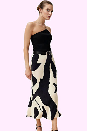 Kadın Yüksek Bel A line Midi Etek Örme Kumaş Soyut Desenli Günlük Yaz Aylarının Vazgeçilmezi