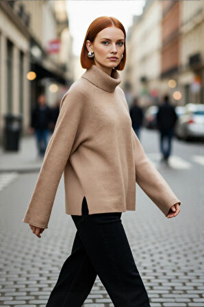 Kadın Balıkçı Yaka Oversize Reglan Kol Triko Kazak Günlük Kullanım İçin Sıcak Tutan Rahat Bir Stil