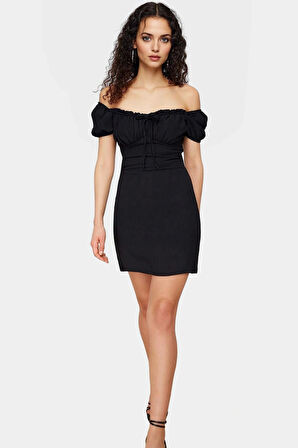 Polyester Krep Dokuma Mini Elbise Balon Kol A Line Kesim Kaliteli İşçilik