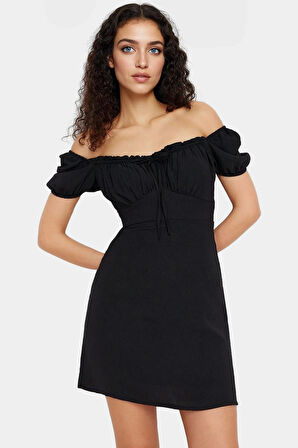 Polyester Krep Dokuma Mini Elbise Balon Kol A Line Kesim Kaliteli İşçilik