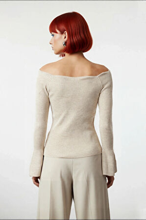 Kadın Carmen Yaka Uzun Kollu Fitted Akrilik Triko Üst Gündüz Gece Basic Fitilli Dokuma Kombin