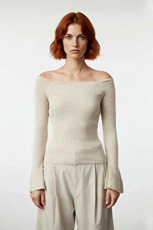 Kadın Carmen Yaka Uzun Kollu Fitted Akrilik Triko Üst Gündüz Gece Basic Fitilli Dokuma Kombin