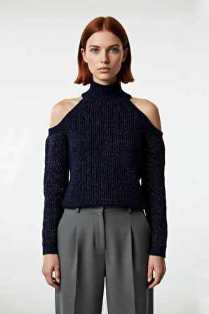 Kadınlara Özel Simli Selanik Dokuma Dik Yaka Omuz Dekolteli Triko Kazak Kış Kombinleri İçin