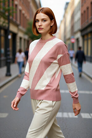 Kadın Akrilik Renk Bloklu Oversize Bisiklet Yaka Triko Kazak Soğuk Havalarda Konforlu Kaliteli