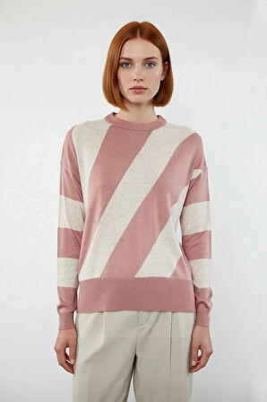 Kadın Akrilik Renk Bloklu Oversize Bisiklet Yaka Triko Kazak Soğuk Havalarda Konforlu Kaliteli