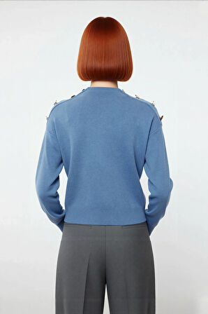 Kadın Düz Desen Basic Triko Kazak Omuzları Düğmeli Casual Şıklık Sunan Kışlık Bir Parça Kaliteli