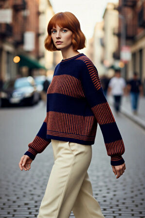 Kadın Basic Siluet Uzun Kollu Oversize Kesim Renk Bloklu Pike Dokuma Triko Kazak Kış Kombinlerinin