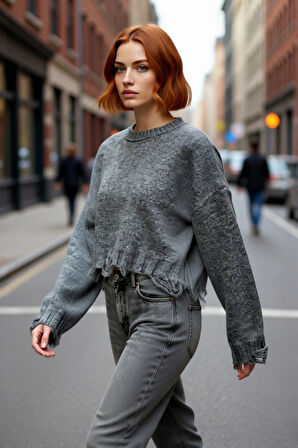 Kadın Basic Siluet Oversize Triko Kazak Crop Düşük Kol Akıtma Detaylı Soğuk Havalar İçin İdeal