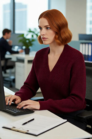 Kadın Akrilik Regular Kalıp Triko Kazak V Yaka Ajurlu Düşük Kol Kışın Günlük Kullanım İçin İdeal.