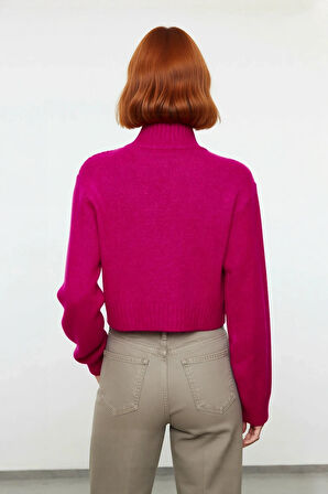 Kadın Basic Akrilik Triko Kazak Regular Kalıp Dik Yaka Crop Boy Balon Kol Soğuk Havalar İçin Rahat