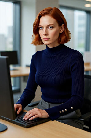 Kadın Modern Fitted Kalıp Dik Yaka Uzun Kollu Fitilli Triko Kazak Şık ve Rahat Kombinler Kaliteli