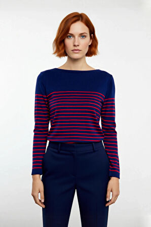 Kadınların Kış Gardırobu İçin Konforlu Akrilik Gri Çizgili Bisiklet Yaka Triko Kazak Kaliteli