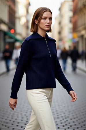 Kadın Orta Kalınlık Akrilik Karışımlı Selanik Dokuma Polo Yaka Triko Kazak Günlük Kullanım