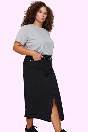 Kadın Pamuklu Denim Midi Etek Yüksek Bel Ön Yırtmaçlı A line Kesim Rahat Günlük Hafta Sonu