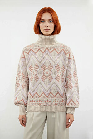 Kadın Uzun Kollu Oversize Kesim Etnik Desenli Balıkçı Yaka Akrilik Triko Kazak Günlük Giyim