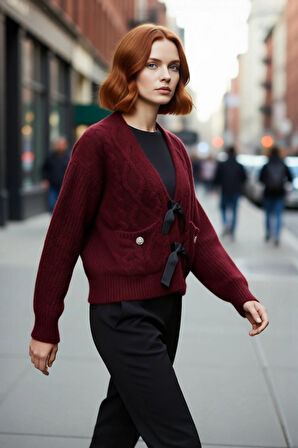 Kadın Kışlık Triko Kazak Regular Kalıp V Yaka Saç Örgü Düşük Kol Crop Fiyonk Detaylı Tasarım