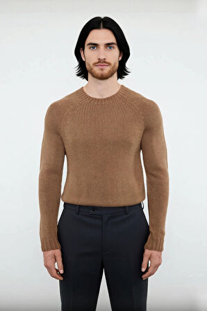 Erkek Mavi Bisiklet Yaka Fitted Seamless Reglan Kol Akrilik Triko Kazak Modern Şıklık Rahatlık