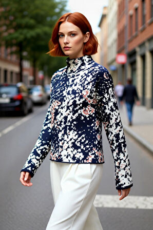 Kadın Oversize Kalıp Dik Yaka Desenli Uzun Kollu Triko Kazak Akrilik Materyal Konforu. Kaliteli