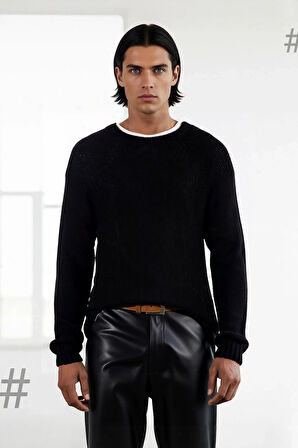 Erkek Mavi Bisiklet Yaka Fitted Seamless Reglan Kol Akrilik Triko Kazak Modern Şıklık Rahatlık