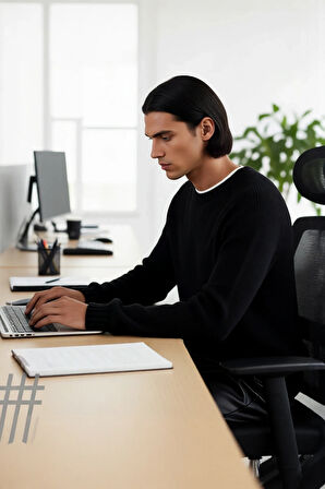 Erkek Mavi Bisiklet Yaka Fitted Seamless Reglan Kol Akrilik Triko Kazak Modern Şıklık Rahatlık