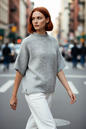 Kadın Oversize Kesim Dik Yaka Kalın Dokulu Triko Kazak Kısa Kollu Rahat İlkbahar Sonbahar Giysisi