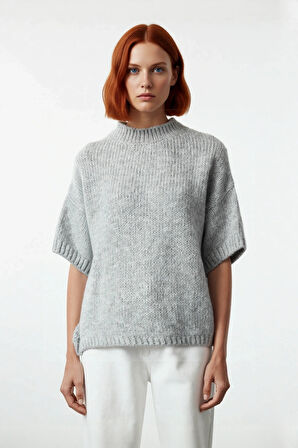 Kadın Oversize Kesim Dik Yaka Kalın Dokulu Triko Kazak Kısa Kollu Rahat İlkbahar Sonbahar Giysisi