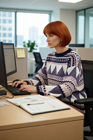 Kadınlara Özel Etnik Desenli Oversize Düşük Kol Bisiklet Yaka Triko Kazak Soğuk Havalara Uyumlu