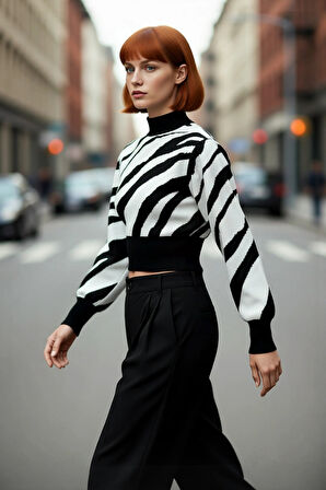 Kadın Basic Regular Kalıp Zebra Desenli Dik Yaka Crop Triko Kazak Günlük Giyimde İddialı Kaliteli