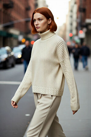 Kadın Oversize Balıkçı Yaka Triko Kazak Günlük Kullanım İçin Şık Düşük Kol Saç Örgülü Basic