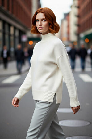 Kadın Düşük Kol Düz Desenli Oversize Dik Yaka Triko Kazak Kış Modasına Uygun Yünlü Rahatlık