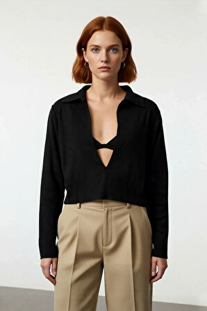 Kadın İnce Triko Kazak Regular Kalıp Uzun Kol Polo Yaka Crop Model Günlük Şıklık Sunar Kaliteli