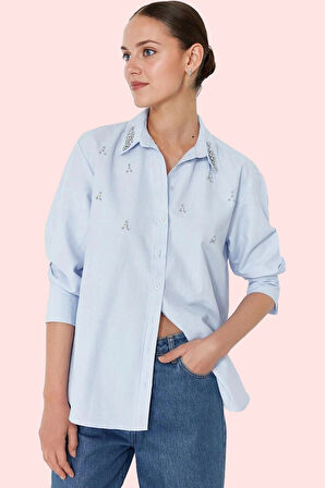 Kadın Terrycotton Dokuma Gömlek Oversize Taş Detaylı Günlük ve Şık Yaz Aylarının Vazgeçilmezi