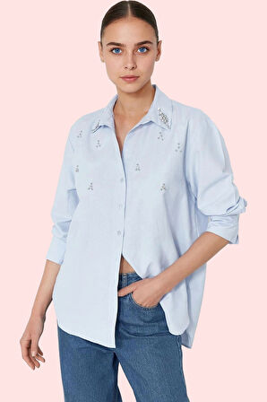 Kadın Terrycotton Dokuma Gömlek Oversize Taş Detaylı Günlük ve Şık Yaz Aylarının Vazgeçilmezi