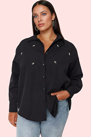 Kadın Regular Poplin Gömlek Taş Detaylı Rahat Günlük Hafta Sonu Yaz Aylarının Vazgeçilmezi