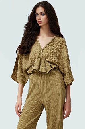 Dokuma Crinkle Bluz V Yaka Keten Karışımlı Yazlık Şıklık Rahat Kullanım Profesyonel Görünüm