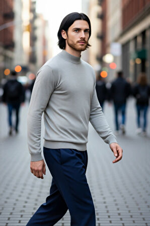 Erkek Şık Fitted Kalıp Düz Desen Dik Yaka Triko Kazak Soğuk Havalar İçin İdeal Konforlu Uzun Kollu