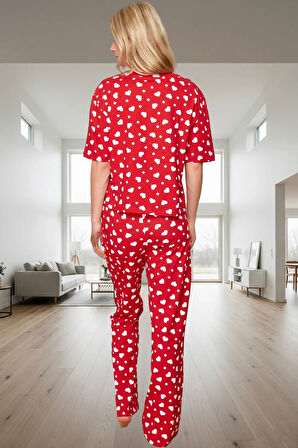 İlkbahar Sonbahar Homewear %100 Pamuklu Kısa Kollu Kalpli Pijama Takımı Zarifane Tasarım