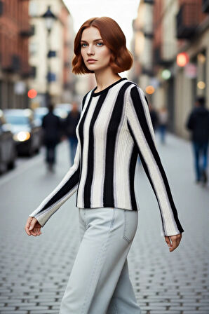 Kadın Şık Bisiklet Yaka Renk Bloklu Desenli İnce Triko Uzun Kollu Pamuk Polyester Günlük Kazak