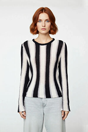 Kadın Şık Bisiklet Yaka Renk Bloklu Desenli İnce Triko Uzun Kollu Pamuk Polyester Günlük Kazak