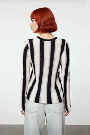 Kadın Şık Bisiklet Yaka Renk Bloklu Desenli İnce Triko Uzun Kollu Pamuk Polyester Günlük Kazak